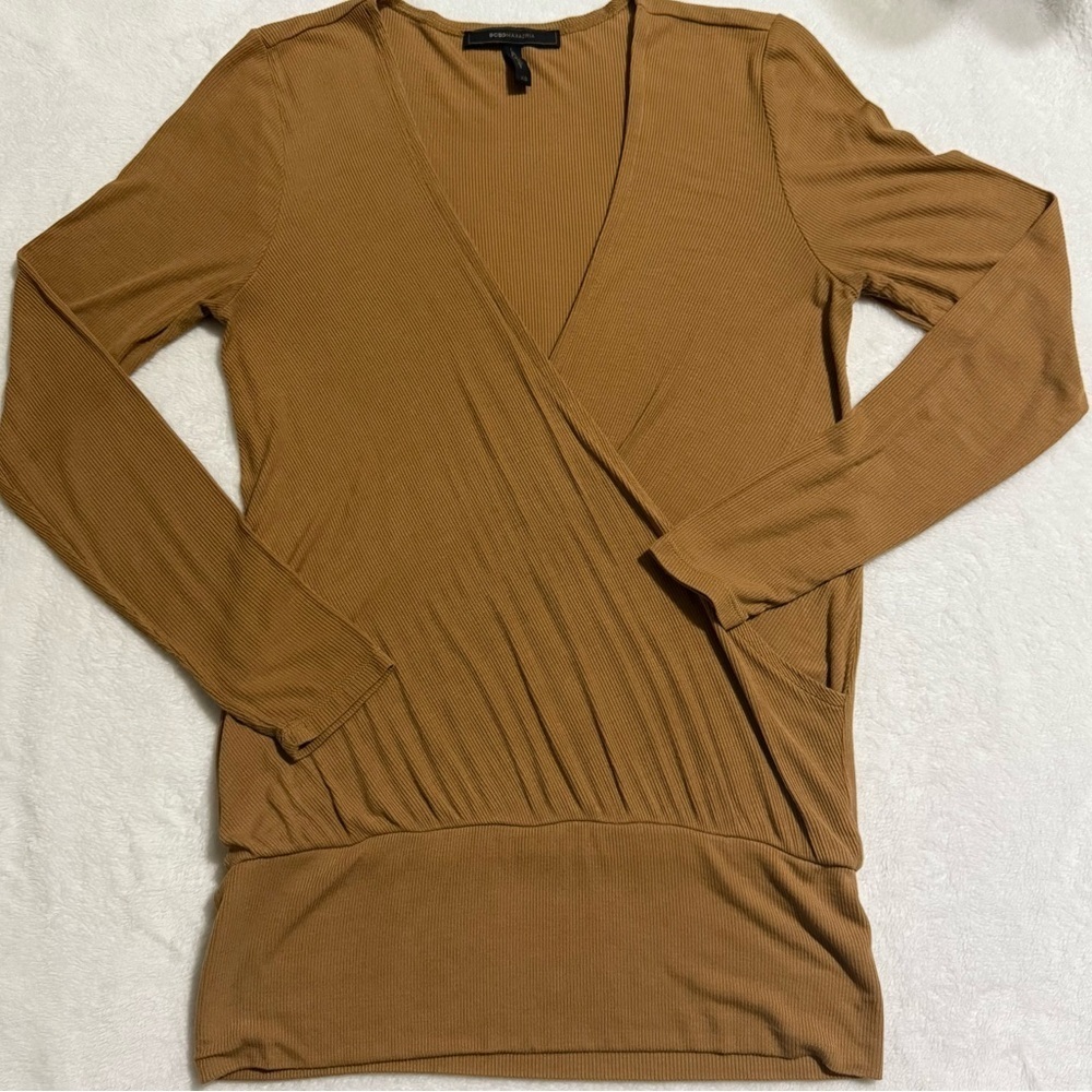 Elegant Tan Wrap ribbed Top - Picture 4 of 12